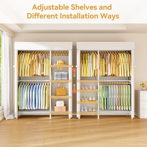 ULIFHOME F2C Clothes Rack with Cover, White Closet with Beige Cover - Image 3