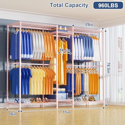 Ulif E12 Pro Clothes Rack，Heavy Duty Freestanding Garment Rack with Shelves，Metal Clothing Closet Storage System for Hanging Clothes，71" W x 16" D x 76.5" H, Hold 960 lbs，Pink - Image 2