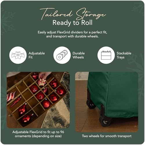 Covermates Keepsakes Rolling Adjustable Ornament Storage Bag – Heavy-Duty Polyester, FlexGrid Trays & Padded Dividers – Protective Holiday Organizer with Wheels, Handles & ID Window, Green - Image 5