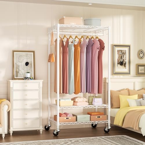 FUTASSI Rolling Clothes Rack, Clothing Racks for Hanging Clothes, White - Image 2