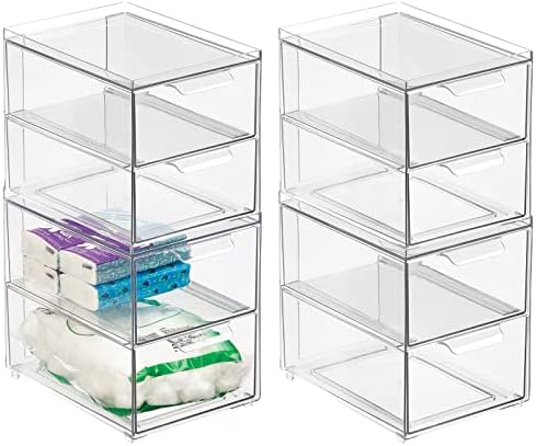 mDesign Stackable Storage Containers Box with 2 Pull-Out Drawers - Stacking Plastic Drawer Bins for Master or Guest Bathroom, Linen Closet, Vanity, Makeup Table Lumiere Collection 4 Pack, Clear by mDesign