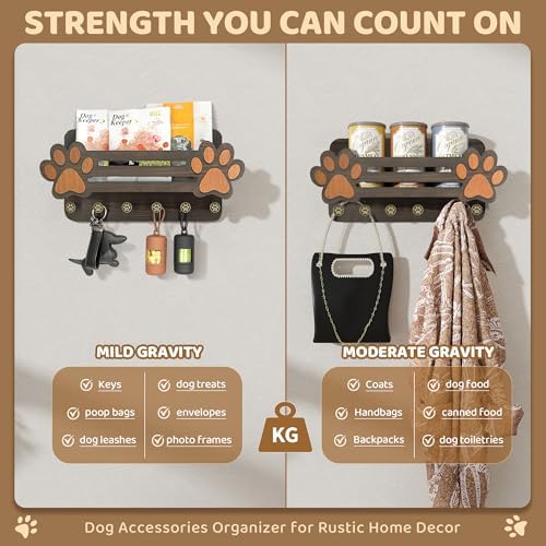 MTERSN Dog Leash Holder for Wall with Floating Shelf & 6 Hooks, Dark Brown - Image 5