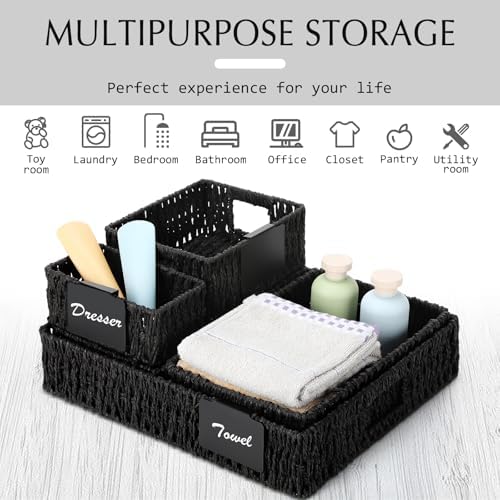 Marsui 9 Pcs Paper Rope Storage Baskets with Handle Labels Handwoven Multi-size Black Storage Bins for Organizing Small Baskets Container for Shelves Closet Pantry Toilet - Image 4