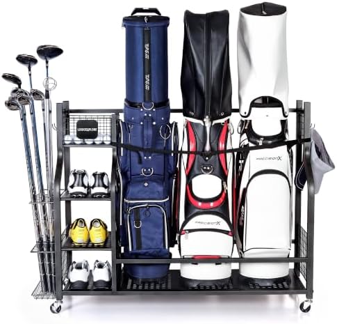 Golf Bag Storage Organizer Rack for Garage, Golf Bag Stand with Rolling Wheels, Heavy-Duty Metal Golf Equipment Organizer for Home, Garage, Clubhouse by Logicexplore