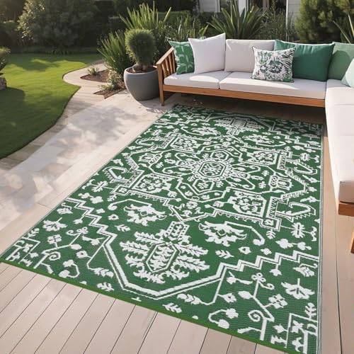 GAOMON 9x18 Outdoor Rug Waterproof for Patio Picnic Non Shedding Plastic Straw Reversible Large Outdoor Rug for Front Back Door Pool RV Portable Boho Vintage Floral Carpet Outside Decor, Green White - Image 2