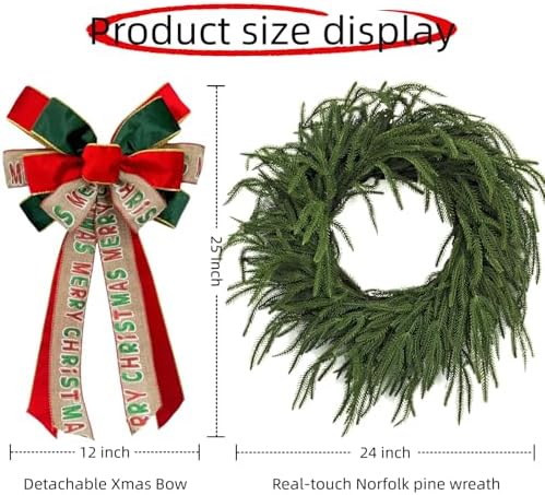 24 Inch Norfolk Pine Wreath with Large Merry Christmas Bow – Real Touch Norfolk Pine Winter Holiday Green Wreath for Front Door, Weatherproof Outdoor Porch Decoration, Includes Storage Bag - Image 3