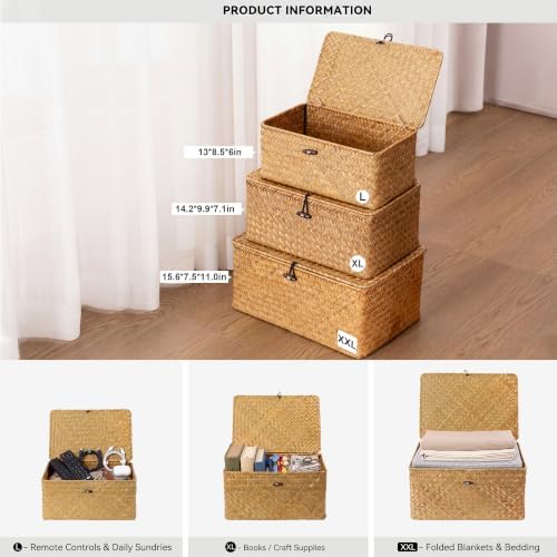 Nonam Large Wicker Basket with Lid,Seagrass Shelf Basket Set of 3,Nautral - Image 2