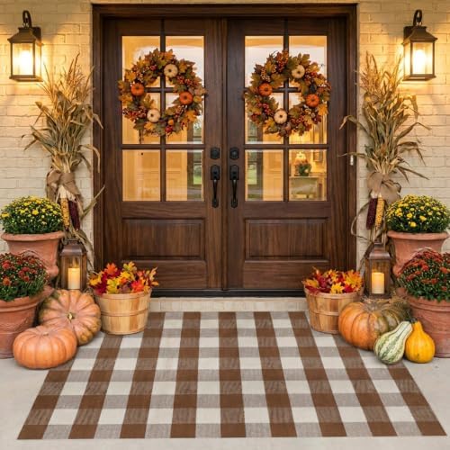 MUBIN Fall Decor Cotton Buffalo Plaid Rug, 4' x 6' Coffee White Outdoor Rug Decorative Mat, Washable Large Doormat Hand-Woven Foldable Area Rug for Outdoor Patio Indoor Living Room Dining Room Kitchen by MUBIN