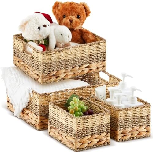 Suzile 4 Pack Wicker Storage Baskets, Water Hyacinth Seagrass, L M S by Suzile