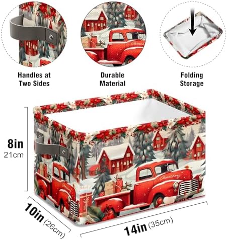 Christmas Baskets Storage Bins with Handles, Christmas Red Truck Foldable Fabric Baskets Canvas Cloth Organizer Storage Boxes 2 2piece - Image 6