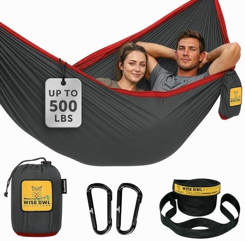 Wise Owl Outfitters Hammock for Camping Double Hammocks Gear for The Outdoors Backpacking Survival or Travel - Portable Lightweight Parachute Nylon DO Charcoal & Red by WiseOwlOutfitters