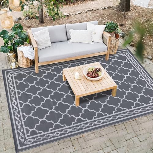 Outdoor Patio Rug 10x20 Outdoor Rug Trellis Plastic Straw Rug for Patio Reversible Mats Waterproof Camping Rug for RV Beach Deck Picnic Backyard Porch Easy Cleaning Floor Mat Grey White - Image 2