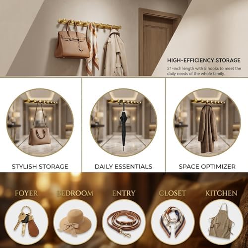 2-Pack Gold Wall Mounted Coat Rack with 8 Hooks, 304 Stainless Steel - Image 6