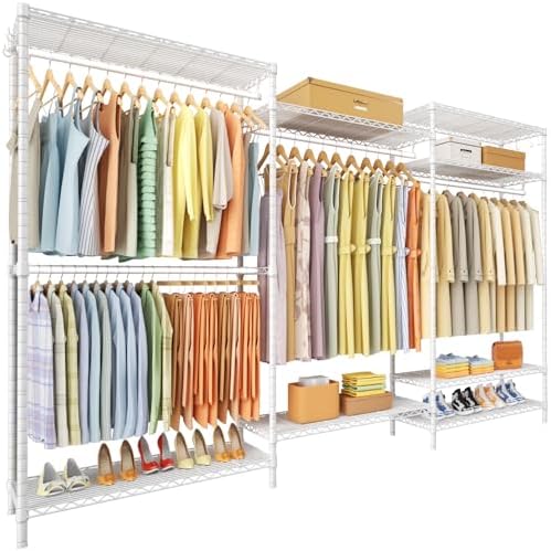 Ulif E13 Max Heavy Duty Clothes Rack（With 4 Hanger Rods & 8 Shelves） Freestanding Clothing Racks for Hanging Clothes，Adjustable Closet，Metal Garment Rack 86" W x16 D x77 H，Max Load 1100LBS，White by Ulif