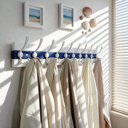 SKOLOO Coastal Coat Rack Wall Mount-38-1/8 Beach House Entryway Wooden Coat Hook with 10 Hooks for Hanging Coats, Hats or Towels, Oceanfront Cottage Core Collection, White & Blue, Pack of 2 - Image 4