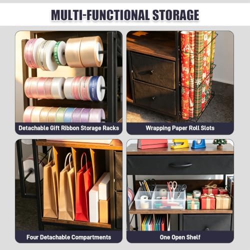 Wrapping Paper Storage Cart, Rolling Gift Wrap Station with 3 Drawers & Side Holders, Wrapping Paper Organizer Holder with Wheels for Gift Bags, Ribbons, Wrapping Supplies - Image 3