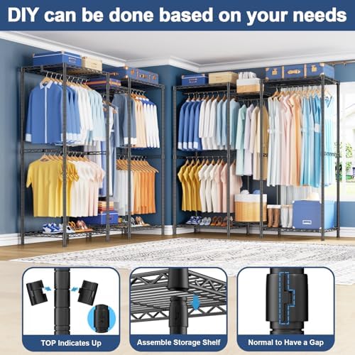 Ulif E12 Clothes Rack，Heavy Duty Freestanding Garment Rack with Shelves，Metal Clothing Closet Storage System for Hanging Clothes，57.1" W x 16" D x 76.5" H, Hold 860 lbs，Black - Image 4