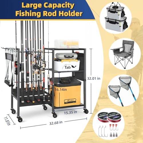 Olakee Fishing Rod Holders, Rolling Fishing Rod Rack for Garage & Boat, Tackle Box & Reel Holder Cart, Easy Assembly Fishing Gear Management System, Ideal Birthday Gift for Men Dad Anglers - Image 3