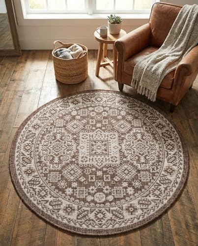 Rugs.com - Outdoor Aztec Rug – 4 Ft Round Brown Indoor/Outdoor Rug – Weather Resistant Flatweave for Patios, Decks, and Porches - Image 5