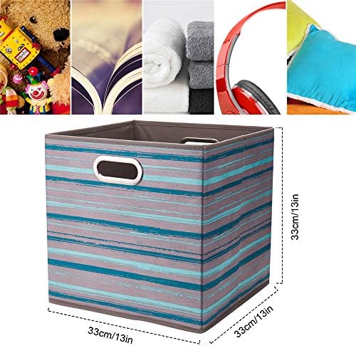 13 inch Collapsible Storage Cubes Bins Teal Stripes Fabric Storage Boxes Foldable Cube Inserts Storage Grey Printed Folding Cloth Storage Baskets Drawer Organizer ,QY-SC05-6 - Image 3