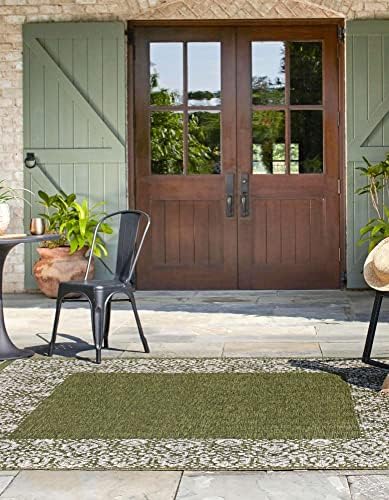 Unique Loom Outdoor Border Collection Area Rug - Floral Border (10' 8" Square, Green/ Ivory) - Image 4