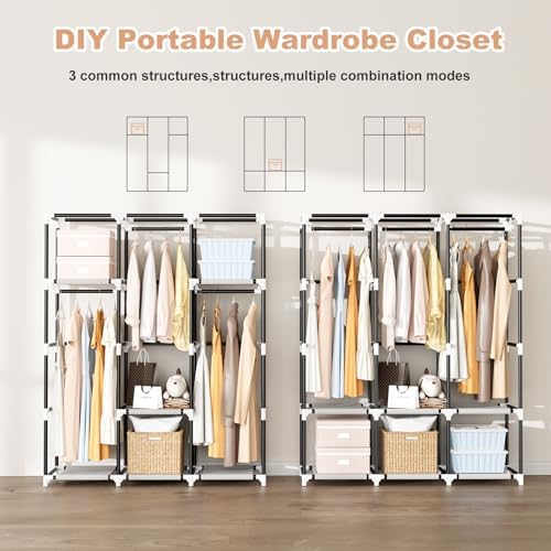 Portable Closet with Cover, 3 Hanging Rods and Side Pocket, Sturdy Free Standing Closet, White - Image 6