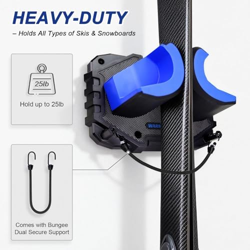 Ski & Snowboard Wall Mount, Fits Most Skis & Snowboards, Anti-Scratch & Non-Slip, Secure Hold Up to 25 lbs, Easy Install, Ski Holder with Pole Hooks, Space-Saving Garage Storage Ski Hanger, 6 Pack - Image 4