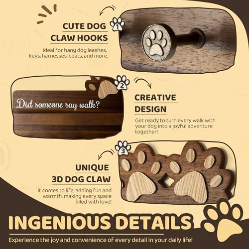 MTERSN Acacia Wood Dog Leash Holder for Wall with Wall Shelf, Dark Brown - Image 6