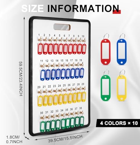 RattanView Key Hook Board Rack with 40 Pcs Plastic Tags Set 23.4 x 15.5 Inch Key Holder Wall Mount with 38 Hooks Self Closing Tabs Colored Labels for Car Hotels Office House Storage Organization - Image 2