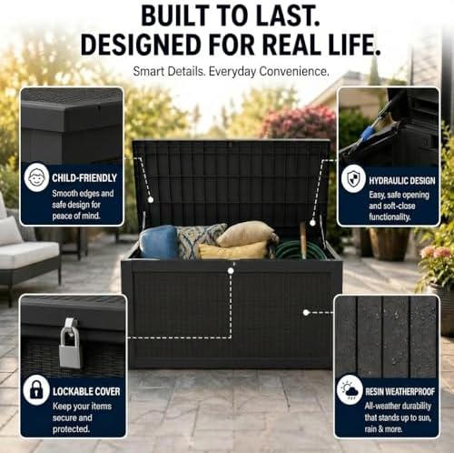 LAUSAINT HOME 320 Gallon Resin Deck Box, Package Delivery Box with Lockable Lid, Waterproof Outdoor Storage Box For Garden Tools, Patio Cushions(320 Gallon,Black) - Image 3