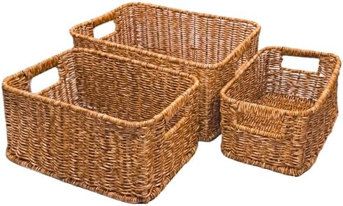 GIB Woven Storage Baskets for Organizing, Plastic Wicker Storage Baskets for Shelves, Waterproof Rectangular Storage Bins Organizers for Closet Pantry Table, Set of 3, Brown by GIBCleaningtool