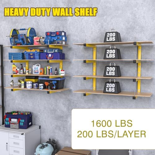 4-Pack Lumber Storage Rack, Wood Storage Racks Wall Mount, Heavy Duty Garage Wood Organizer with 8-Level System, Yellow Utility Rack Organization Up 1600 Lbs, Metal Lumber Shelf for Indoor & Outdoor - Image 4