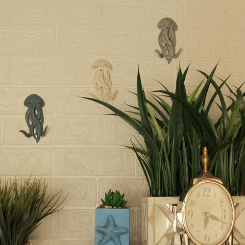 Zeckos Set of 3 Jellyfish Wall Hooks, 5 Inch Blue Gray White Cast Iron - Image 4