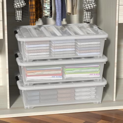 50 L Large 3 Packs Clear Plastic Under Bed Storage Container with Lid and Wheels, Under the bed Boxes - Image 6