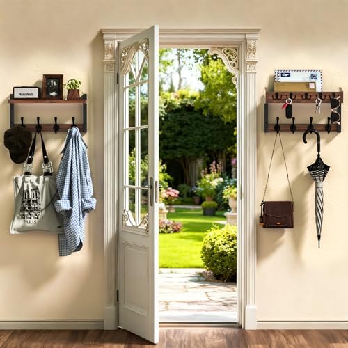 35'' Long Rustic Coat Rack Wall Mount with Shelf, Solid Wood Coat and Key Hanger with 13 Metal Hooks, Farmhouse Wall Organizer for Mail, Entryway Wall Hangers for Hats, Clothes, Backpacks, Mudroom - Image 4