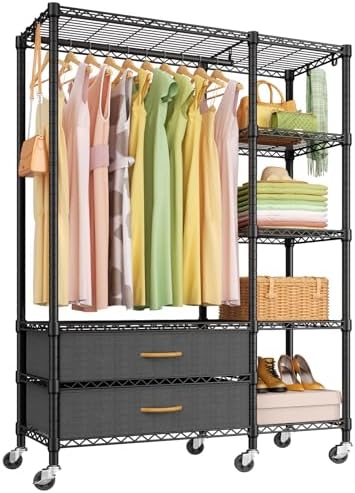 Ulif F3R Heavy Duty Clothes Rack（With Lockable Wheels）Freestanding Clothing Racks for Hanging Clothes，Adjustable Closet Organizer System，Portable Garment Rack 40"W x 15"D x 74"H，Max Load 700LBS，Black by Ulif