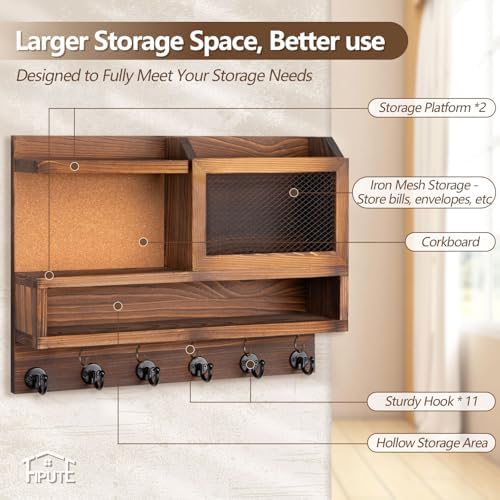Key Holder for Wall with Mail Organizer,Farmhouse Mail and Key Holder for Wall,Key Hanger with ‌Metal 11 Hooks,Corkboard,and Shelf,Decorative Natural Pine Wood Entryway Organizer,14.6*11.1*3.3”,Brown - Image 4