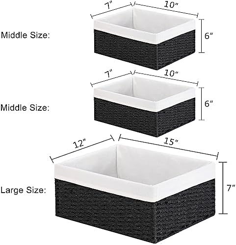 Vagusicc Storage Basket, 3-Pack Woven Paper Rope Wicker Baskets for Storage with Handles, 15 Inches Large Cube Storage Bins Woven Storage Baskets with Liners for Shelves Organizing & Decor, Black - Image 3