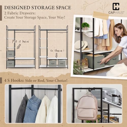 CAPHAUS 979lbs Capacity Garment Rack for Hanging Clothes, Heavy Duty Open Wardrobe w/Hanging Rods & Fabric Drawers, Free Standing Closet Organizer, Metal Closet Rack w/Rustic Oak Wooden Shelves - Image 5