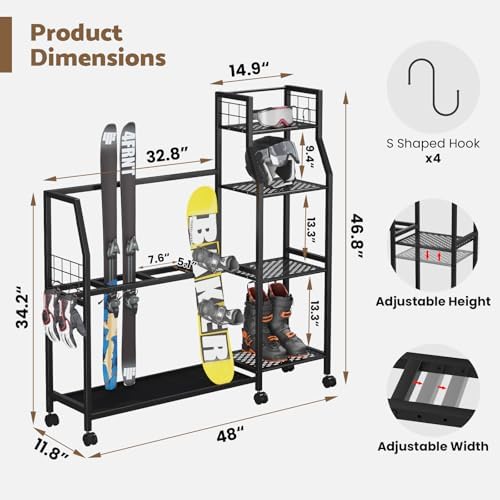 Kikihouse 4-Tier Freestanding Snowboard Rack for 4 Pairs of Skis, 3 Snowboards, Boots, Poles, Goggles, Helmets, Ski Storage Rack with Adjustable Shelves, Snowboard Stand for Home, Garage - Image 2