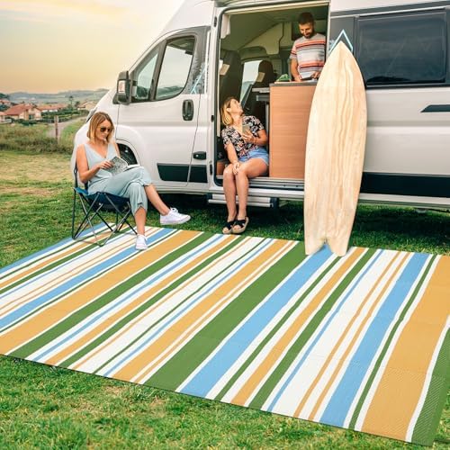 GAOMON 9x18 Outdoor Rug Waterproof for Patio Plastic Straw Large Rug Geometric Stripe Outdoor Area Rug Modern Lines Outdside Camping Rugs for RV Porch Deck Backyard Balcony, Yellow Blue Green White - Image 3