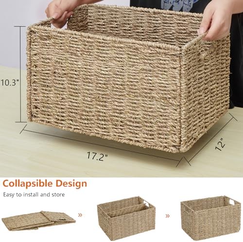 Vagusicc Wicker Storage Basket, Set of 2 Hand-Woven Storage Baskets for Organizing, Small Wicker Basket for Toilet Paper, Foldable Large Cube Storage Organizer Basket Bins for Shelves (Sea Grass) - Image 2