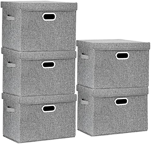 TYEERS Large Storage Bins with Lids, Collapsible, Washable, Fabric Storage Boxes for Organizing, 17.3x11.8x11.4 inches, 5 Pack, Gray by StorageOrganization