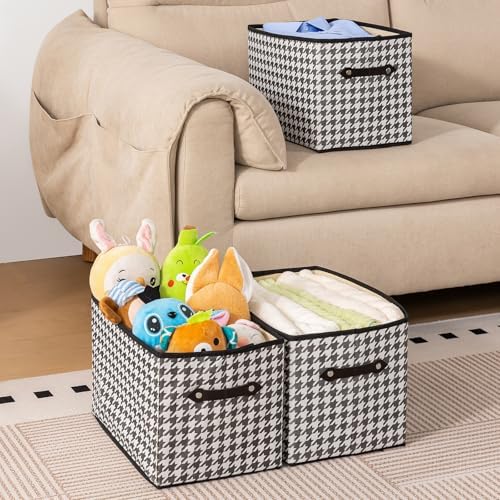 6 Pack Large Collapsible Storage Baskets for Shelves,14.9"x9.5" Fabric Closet storage Boxes with Leather Handles,Decorative Organizers Storage Bins for Clothes,Sheets,Toys,Books,(Houndstooth - Image 4