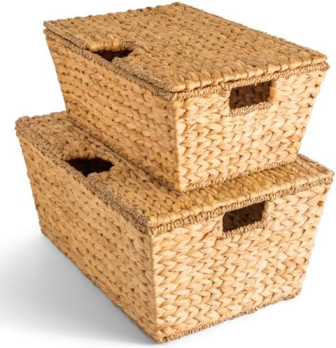 Best Choice Products Set of 2 X-Large & Medium Woven Storage Baskets W/Lids, Hyacinth Nesting Bins, Handwoven Organizer Baskets W/Handles for Bedroom, Living Room, Laundry Room, Or Office - Natural by BestChoiceProducts