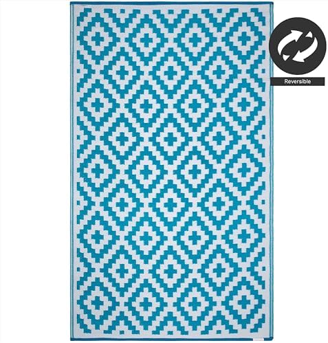FH Home Outdoor Rug - Waterproof, Fade Resistant, Reversible - Premium Recycled Plastic - Geometric - Patio, Deck, Porch, Balcony, Laundry Room - Aztec - Teal & White Crease Free - 4 x 6 ft - Image 5