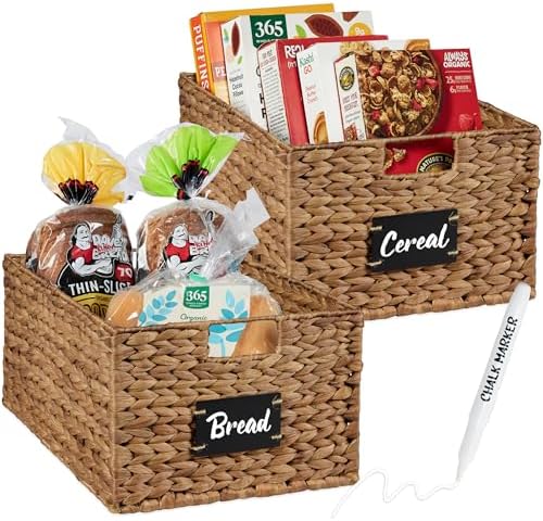 Best Choice Products Pantry Baskets Set of 2 16x12in Water Hyacinth Storage Baskets, Woven Wicker Kitchen Organizers with handles w/Chalkboard Label Chalk Marker - Chestnut by BestChoiceProducts