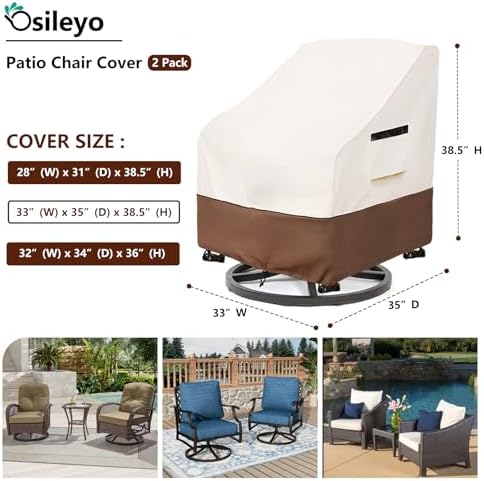 Patio Chair Covers 2 Pack,Swivel Lounge Chair Cover,Waterproof Heavy Duty Patio Furniture Covers for Outdoor Swivel Lounge Chair(33 W x 35 D x 38.5 H inches) Beige & Brown - Image 2