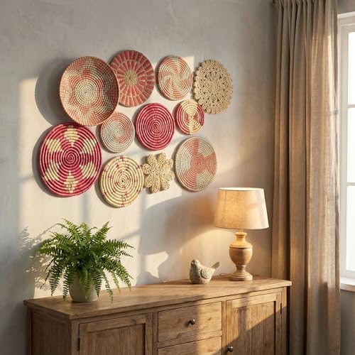 Tatuo 11 Pcs Boho Wall Basket Decor Woven Wall Hanging Art, Pink - Image 5
