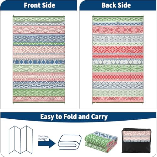 Outdoor Plastic Straw Rug 10x14 Large Patio Rug Vintage Boho Floor Mat Waterproof Rugs for Patio Reversible Outdoor Rugs for RV Beach Porch Camping Backyard Deck Picnic, Green Blue - Image 3